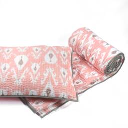 Quilted Bed Set - Coral Ikat Print Cotton Kantha With Stripe Pattern Quilting Sizes Available - thumbnail 3