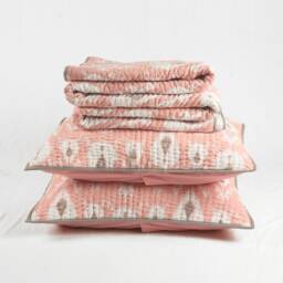 Quilted Bed Set - Coral Ikat Print Cotton Kantha With Stripe Pattern Quilting Sizes Available - thumbnail 2