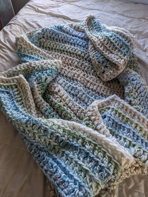 Crochet Blanket in Sky Blue, Cream, & Light Green - image 1