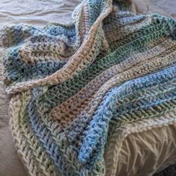 Crochet Blanket in Sky Blue, Cream, & Light Green - thumbnail 4