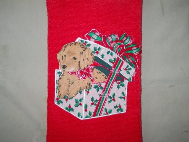 Christmas Hand Towel Bathroom Or Kitchen Present Puppy On Red - image 1