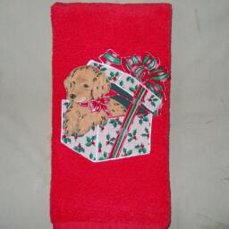 Christmas Hand Towel Bathroom Or Kitchen Present Puppy On Red - thumbnail 2