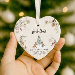 Personalised Baby's First Christmas Ornament, 1st Decoration, New Baby Gift, Bauble, Woodland - thumbnail 2
