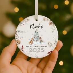 Personalised Baby's First Christmas Ornament, 1st Decoration, New Baby Gift, Bauble, Woodland - thumbnail 1