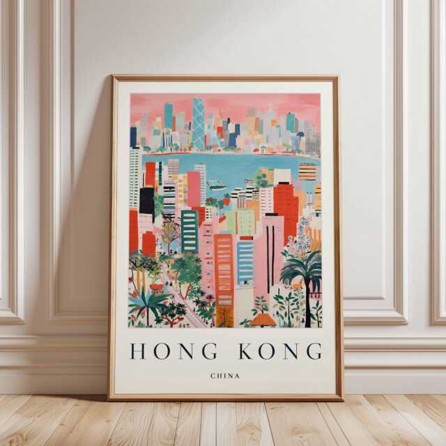 Hong Kong Skyline Poster China Travel Art, Asia Wall Decor - image 1