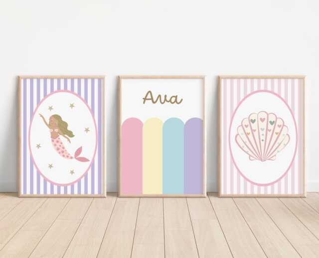 Girls Wall Print Set With Personalised & Bright Pastel Mermaid Theme - image 1