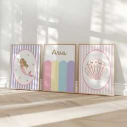 Girls Wall Print Set With Personalised & Bright Pastel Mermaid Theme - thumbnail 3