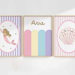 Girls Wall Print Set With Personalised & Bright Pastel Mermaid Theme - thumbnail 2