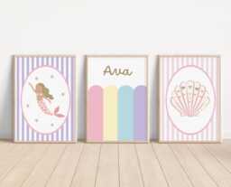 Girls Wall Print Set With Personalised & Bright Pastel Mermaid Theme - thumbnail 1