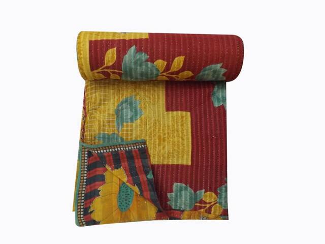 Vintage Kantha Quilt Handmade Reversible Bohemian Bedspread - 80x56 Inches - image 1