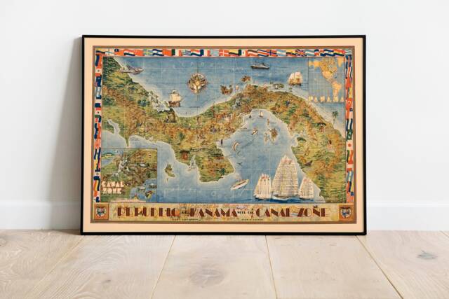 Vintage Panama Canal Map Art Print Pictorial Wall Poster - image 1