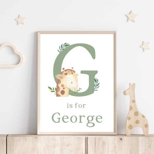 Personalised Safari Giraffe Print, Sage Green Nursery Decor, Jungle Boys Animal Bedroom, Cute Prints, Wall Art Boy - image 1
