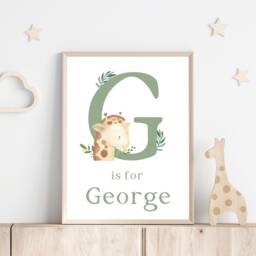 Personalised Safari Giraffe Print, Sage Green Nursery Decor, Jungle Boys Animal Bedroom, Cute Prints, Wall Art Boy - thumbnail 1