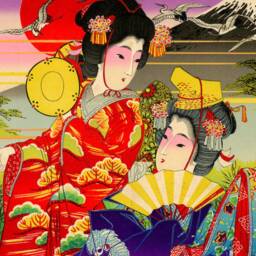 Japan, Advertisement, 1890, Wall Hanging, Pull Down Chart, Geisha, Fan, Kimono, Mount Fuji, Stork, Patterns, Costume, Ethnic, Antique Image - thumbnail 3