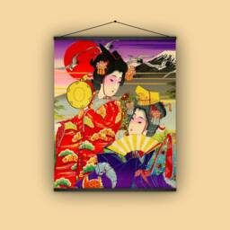Japan, Advertisement, 1890, Wall Hanging, Pull Down Chart, Geisha, Fan, Kimono, Mount Fuji, Stork, Patterns, Costume, Ethnic, Antique Image - thumbnail 1