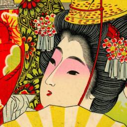 Japan, Advertisement, 1890, Wall Hanging, Pull Down Chart, Geisha, Fan, Kimono, Mount Fuji, Stork, Patterns, Costume, Ethnic, Antique Image - thumbnail 2