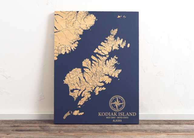 Kodiak Island, Alaska Map - Engraved Wood Coastal Art Sign, Beach House Decor Wall Hanging, Nautical Print, Unique Personalized Family Gift - image 1