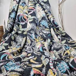 Kantha Stitch Pure Cotton Reversible Bed/Sofa Throw King Size - Tropical Animal Bird Handprinted Dohar Indian Blankets Black Paradise - thumbnail 2