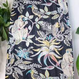 Kantha Stitch Pure Cotton Reversible Bed/Sofa Throw King Size - Tropical Animal Bird Handprinted Dohar Indian Blankets Black Paradise - thumbnail 4
