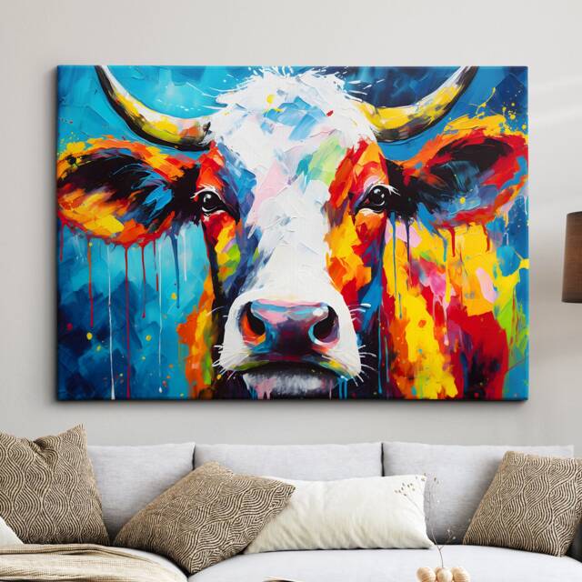 Colorful Cow Wild Animal Abstract Oil Painting Paint Splatter Style Wall Art Framed Canvas Poster Print Home Living Room Decor Fun Gift - image 1