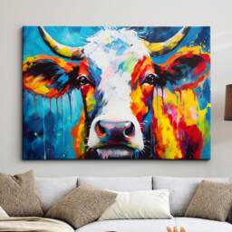 Colorful Cow Wild Animal Abstract Oil Painting Paint Splatter Style Wall Art Framed Canvas Poster Print Home Living Room Decor Fun Gift - thumbnail 1
