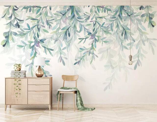3D Willow Leaf Wallpaper, Green Watercolor Wall Mural - Peel & Stick - image 1
