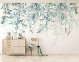 3D Willow Leaf Wallpaper, Green Watercolor Wall Mural - Peel & Stick - thumbnail 1