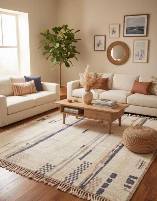 Handmade Moroccan Wool Rug Modern Berber Kilim, Cream & Gray - image 1