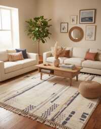 Handmade Moroccan Wool Rug Modern Berber Kilim, Cream & Gray - thumbnail 1