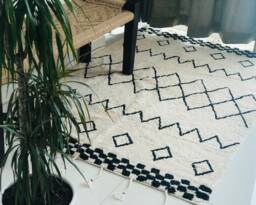 Moroccan Design Rug Ivory Black Boho Tufted - 4x6 Feet
