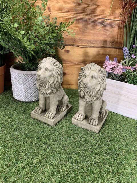 stone Garden Pair Of Small Proud Lion Ornaments - image 1