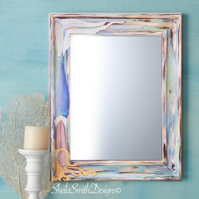 Hand Painted Mermaid Mirror, Beach Decor, House Art 22x28