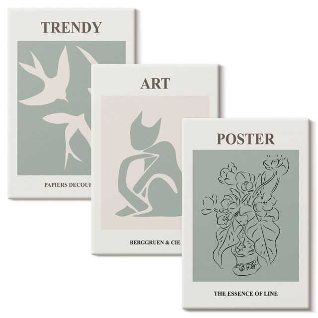 Canvas Wall Art Set Of 3 - Stylish Illustrations By Henri Matisse, Green Canvas, Artwork Decor - image 1