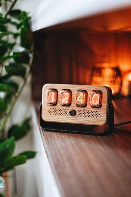 In-12 Nixie Clock in Perforated Wooden Case With Metal Stand - image 1