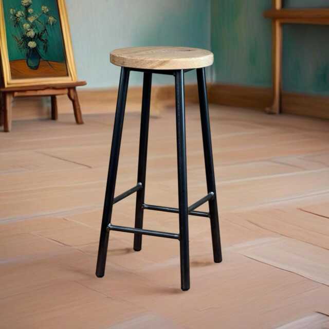 Rick Oakman - Chunky Round Frame Bar Stool With Oak Seat - image 1