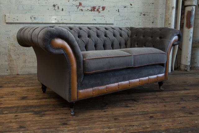 2 Seater Slate Grey Velvet Chesterfield Sofa, Vintage Tan Leather, British Handmade - image 1