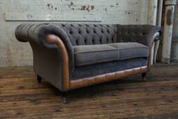 2 Seater Slate Grey Velvet Chesterfield Sofa, Vintage Tan Leather, British Handmade - thumbnail 1