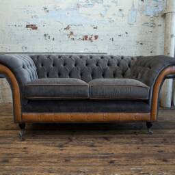 2 Seater Slate Grey Velvet Chesterfield Sofa, Vintage Tan Leather, British Handmade - thumbnail 3