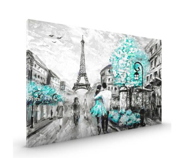Teal Paris Eiffel Tower Canvas Framed Glossy Coated Premium With Metal Hanger Various Sizes - image 1