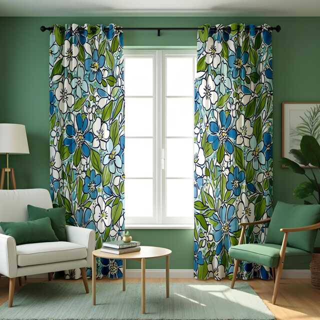 Blue & Green Floral Curtains, Bold Flower Pattern Drapes With White Blossoms, Retro Botanical Window Panels - image 1