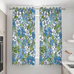Blue & Green Floral Curtains, Bold Flower Pattern Drapes With White Blossoms, Retro Botanical Window Panels - thumbnail 3