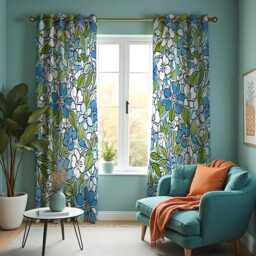 Blue & Green Floral Curtains, Bold Flower Pattern Drapes With White Blossoms, Retro Botanical Window Panels - thumbnail 2
