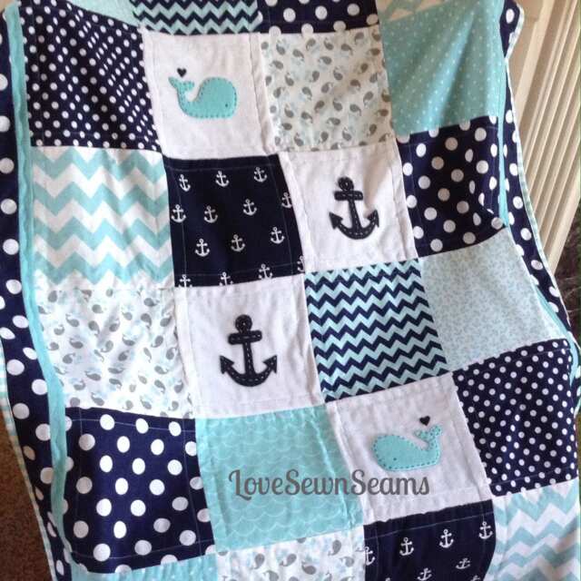 Nautical Crib Quilt/Coastal Quilt/Baby Quilt/Nautical Baby Blanket/Nautical Bedding/Whale Baby Quilt - image 1