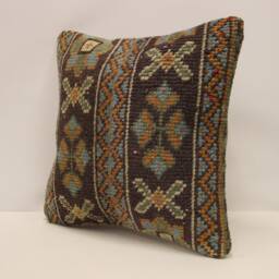Vintage Turkish Rug Pillow Cover, Wool Boho Cushion - 16x16 In - thumbnail 3