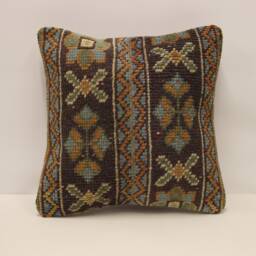 Vintage Turkish Rug Pillow Cover, Wool Boho Cushion - 16x16 In - thumbnail 1