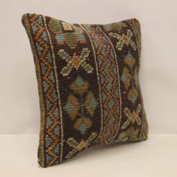 Vintage Turkish Rug Pillow Cover, Wool Boho Cushion - 16x16 In - thumbnail 2