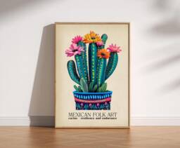 Mexican Cactus Folk Art Print Vibrant Desert Flowers Poster - thumbnail 1