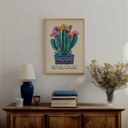Mexican Cactus Folk Art Print Vibrant Desert Flowers Poster - thumbnail 2