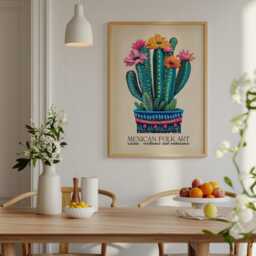 Mexican Cactus Folk Art Print Vibrant Desert Flowers Poster - thumbnail 3