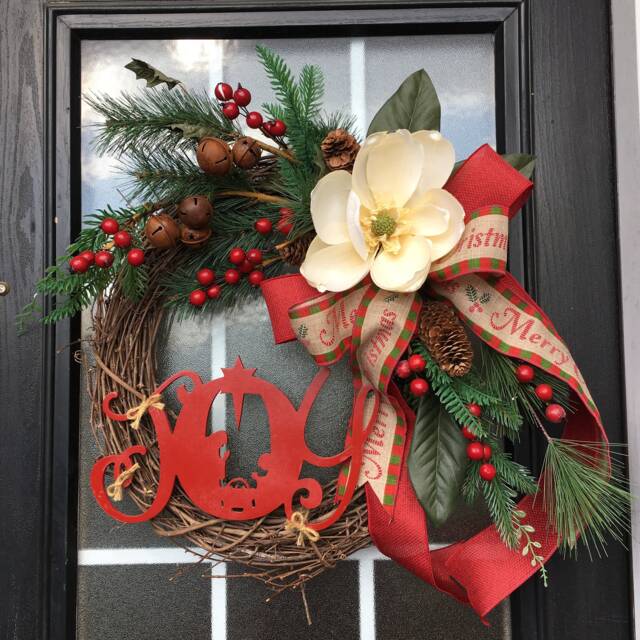 Farmhouse Christmas Wreath Deluxe Magnolia Wreath With Joy Word Sign, Front Door Decor, Holiday - image 1